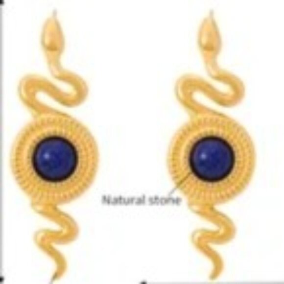 Womens Snake Earrings Pierced Gold Plated Blue Lapis Lazuli Gemstone Chandelier - Picture 5 of 7